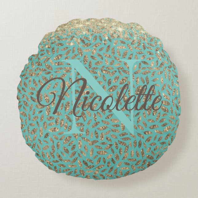 Gold Glittery Feathers Monogram on Turquoise  Round Pillow (Front)