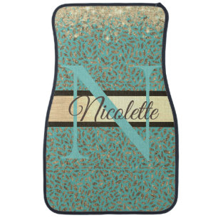 Gold Glittery Feathers on Teal Monogram  Car Floor Mat