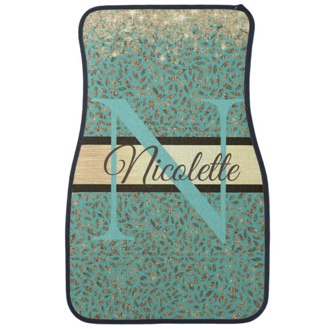 Gold Glittery Feathers on Teal Monogram  Car Floor Mat (Front)