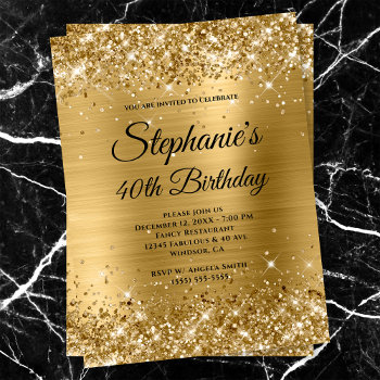Gold Glittery Foil Fancy Monogram 40th Birthday Invitation by annaleeblysse at Zazzle