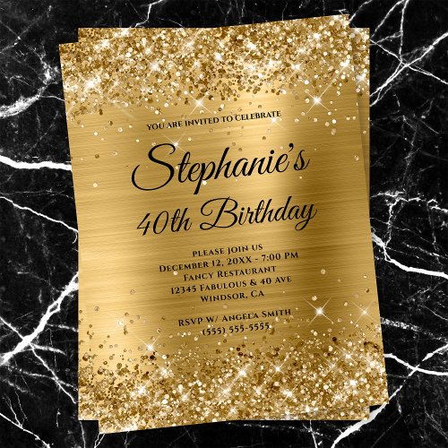 Gold Glittery Foil Fancy Monogram 40th Birthday Invitation