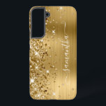 Gold Glittery Foil Girly Signature Samsung Galaxy S22  Case<br><div class="desc">Girly faux sparkly gold glitter highlights on the left edge, over a faux golden ombre brushed metal foil. The modern girly signature features an elegant white calligraphy font with decorative tails in a vertical format. Customize the font styles or move the sparkle graphics to create your own phone gear. The...</div>