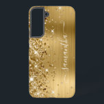 Gold Glittery Foil Girly Signature Samsung Galaxy S22  Case<br><div class="desc">Girly faux sparkly gold glitter highlights on the left edge, over a faux golden ombre brushed metal foil. The modern girly signature features an elegant white calligraphy font with decorative tails in a vertical format. Customize the font styles or move the sparkle graphics to create your own phone gear. The...</div>