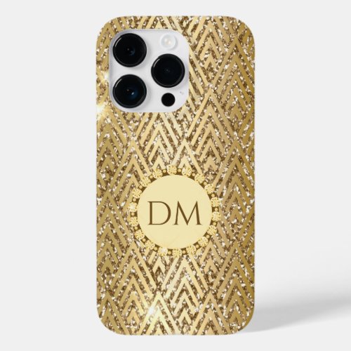 Gold Glittery Geometric Diamond Pattern Monogram  Case_Mate iPhone 14 Pro Case