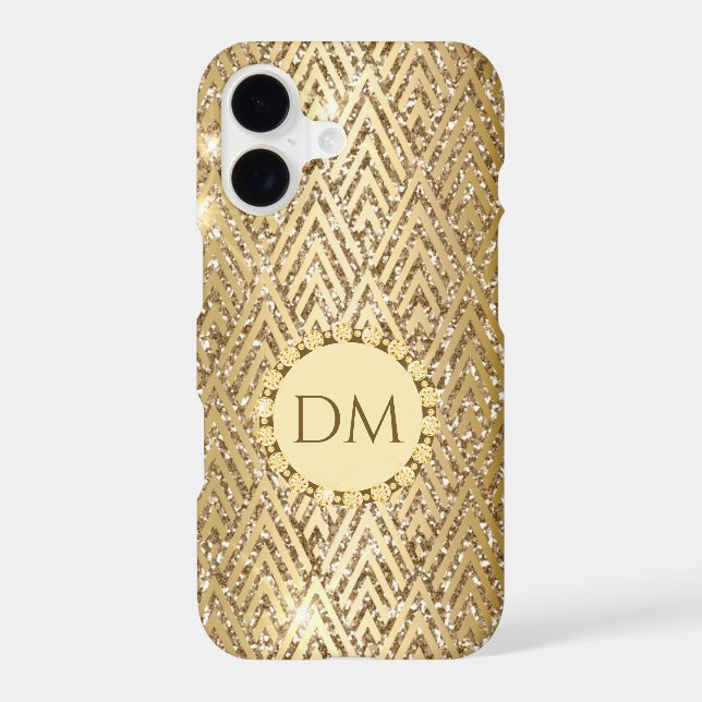 Gold Glittery Geometric Diamond Pattern Monogram iPhone Case (Back)