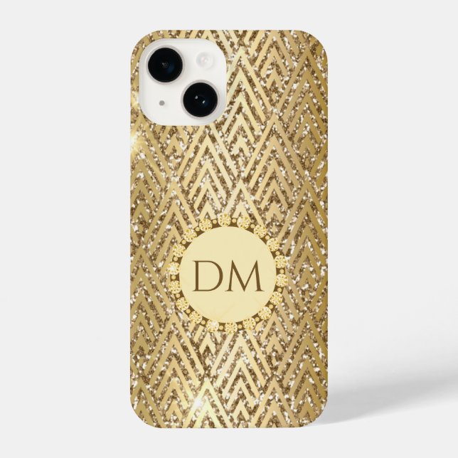 Gold Glittery Geometric Diamond Pattern Monogram iPhone Case (Back)