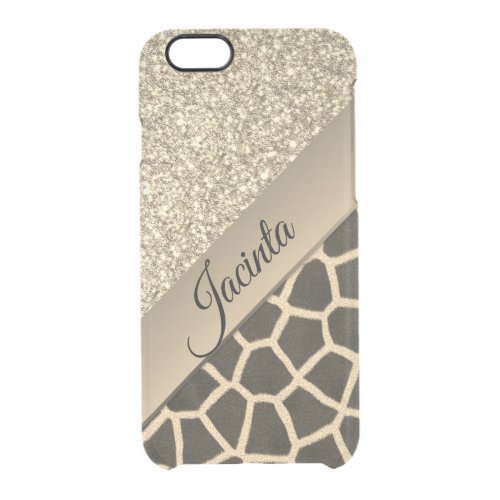 Gold Glittery Glam Giraffe Print Personalized Clear iPhone 66S Case