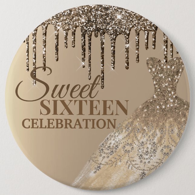 Gold Glittery Glamor Spark Drips Sweet 16 Birthday Button (Front)