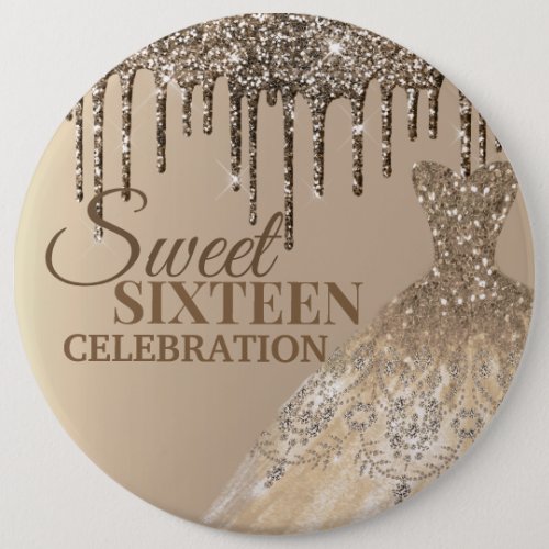 Gold Glittery Glamor Spark Drips Sweet 16 Birthday Button