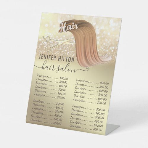 Gold glittery hair logo  price list pedestal sign