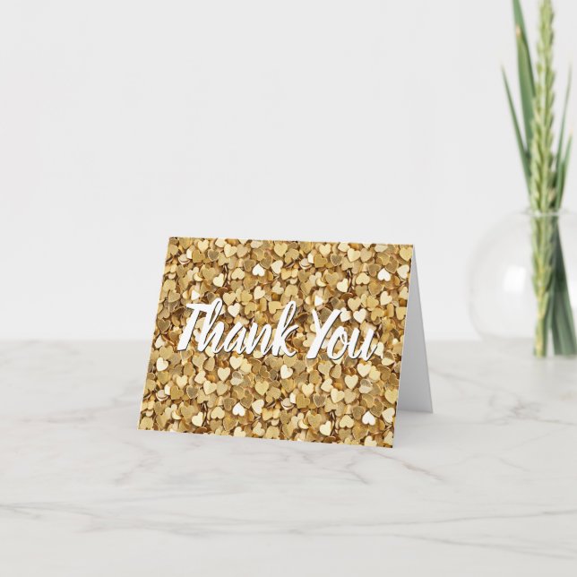 Gold Glittery Hearts Confetti Letterpress Thank You Card (Front)