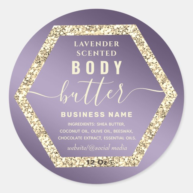 Gold glittery  hexagon script body butter label (Front)
