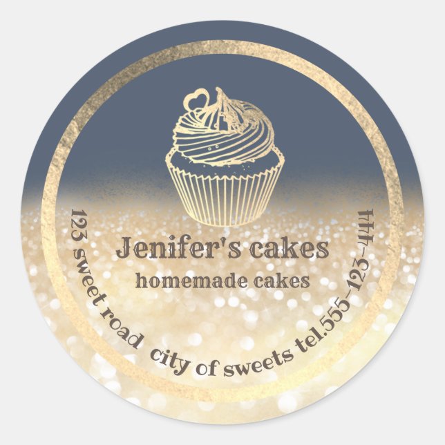 Gold glittery Homemade cakes and treats packaging Classic Round Sticker (Front)