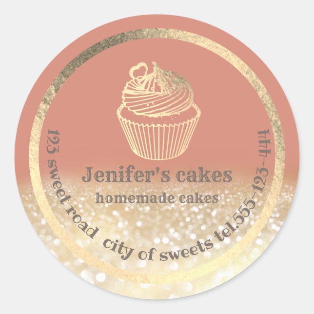 Gold glittery Homemade cakes and treats packaging Classic Round Sticker (Front)