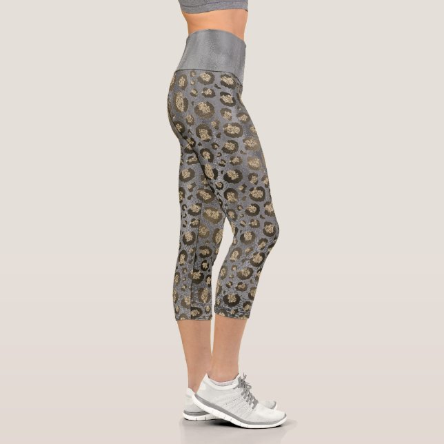 Gold Glittery Leopard Print on Glossy Grey  Capri Leggings (Right)