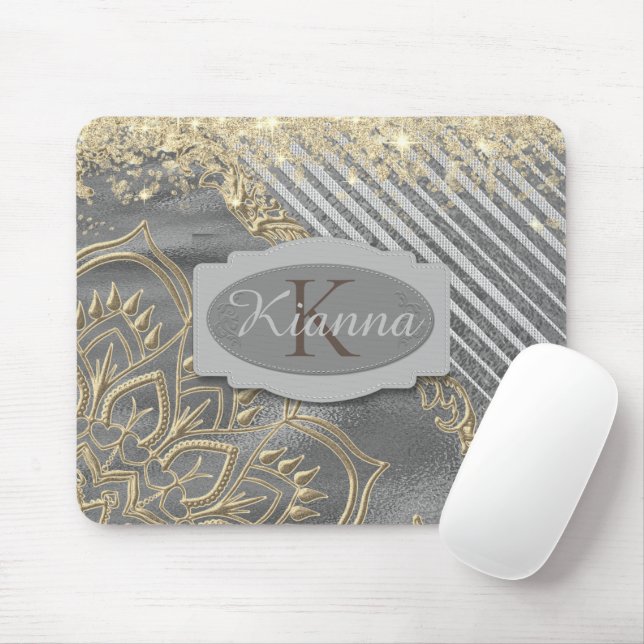 Gold Glittery Lotus Mandala Monogram Mouse Pad (With Mouse)