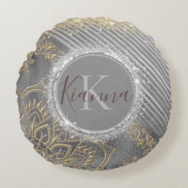 Gold Glittery Lotus Mandala on SIlver Monogram   Round Pillow (Front)