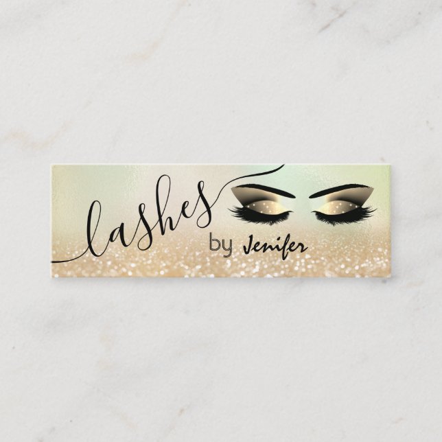 Gold Glittery luxury makeup eyes calligraphy Mini Business Card (Front)