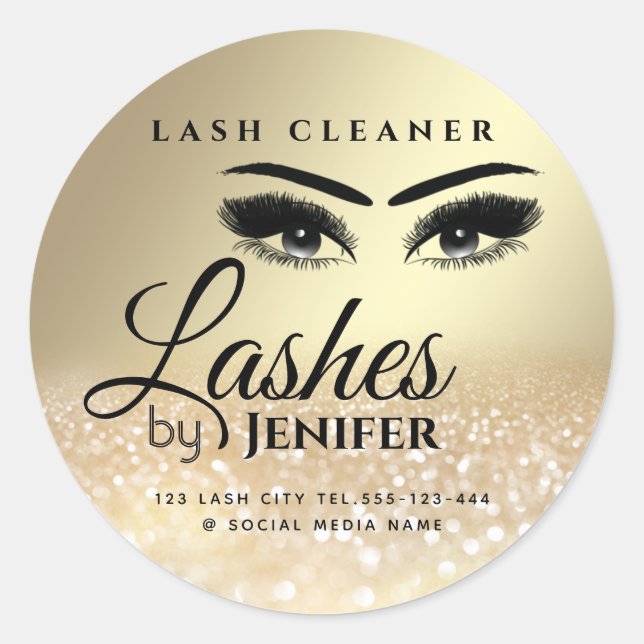 Gold glittery makeup lash extension lash cleaner classic round sticker (Front)