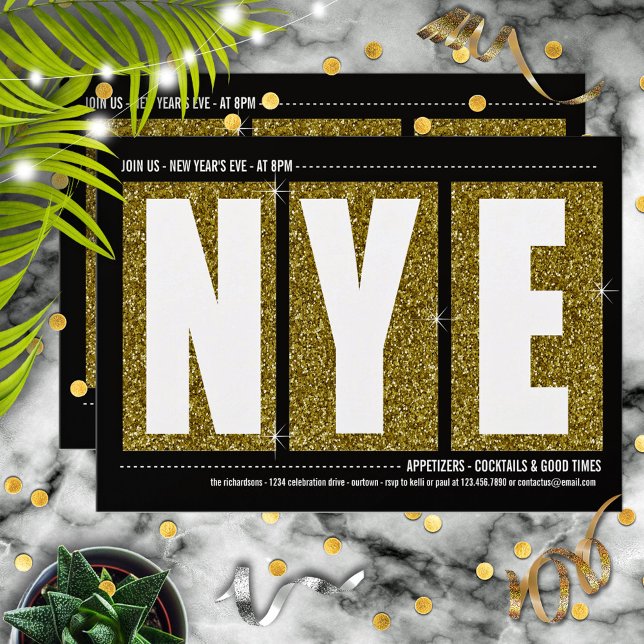Gold Glittery New Year's Eve Cocktail Party Invitation (Creator Uploaded)