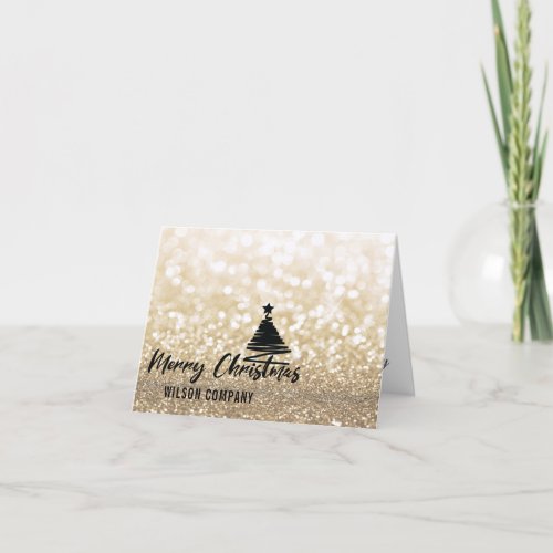 Gold glittery script minimalist Christmas tree Holiday Card