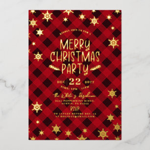 Gold Glittery Snowflake Red Plaid Christmas Party Foil Invitation