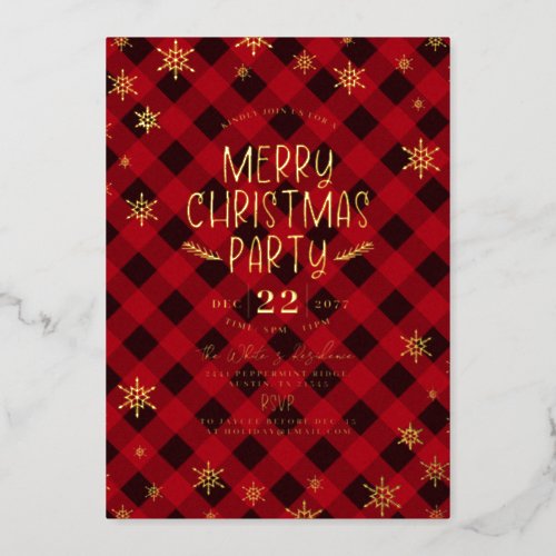 Gold Glittery Snowflake Red Plaid Christmas Party Foil Invitation