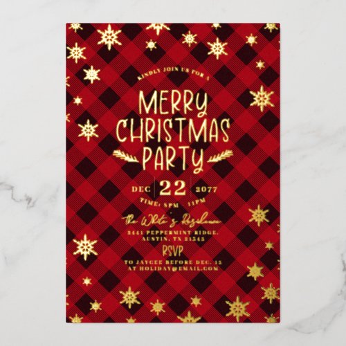 Gold Glittery Snowflake Red Plaid Christmas Party Foil Invitation