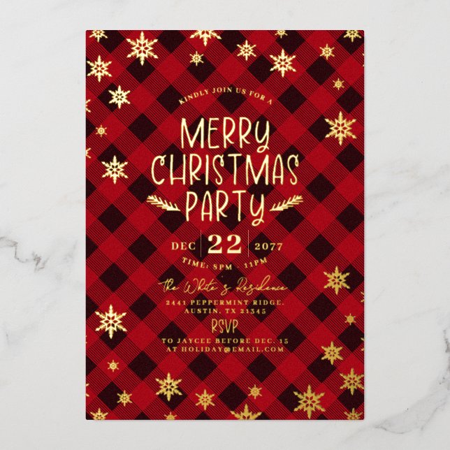 Gold Glittery Snowflake Red Plaid Christmas Party Foil Invitation (Front)