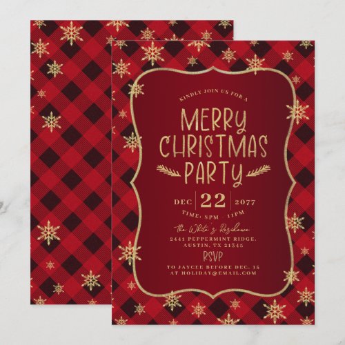 Gold Glittery Snowflake Red Plaid Christmas Party Invitation