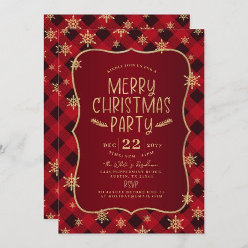 Gold Glittery Snowflake Red Plaid Christmas Party Invitation