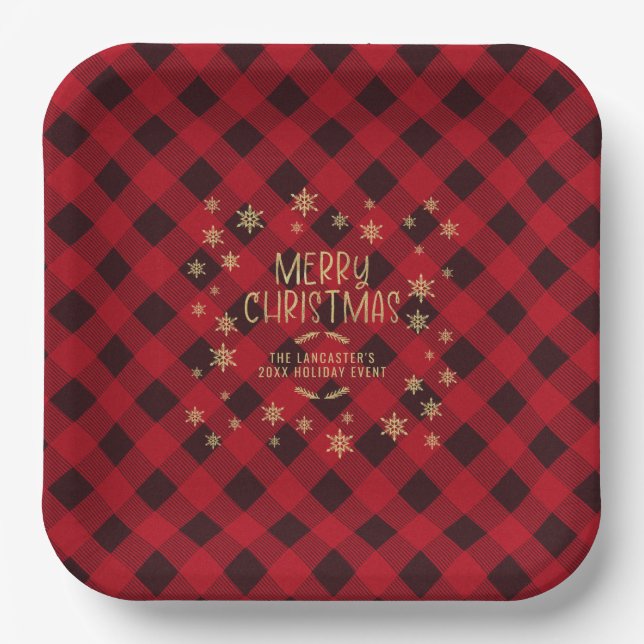 Gold Glittery Snowflake Red Plaid Merry Christmas Paper Plates (Front)