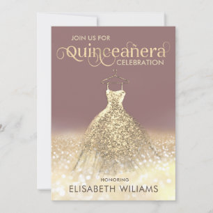 Gold glittery sparkle dress ombre Quinceañera Invi Invitation