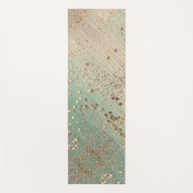 Gold Glittery Stars on Sea Green  Yoga Mat (Front)