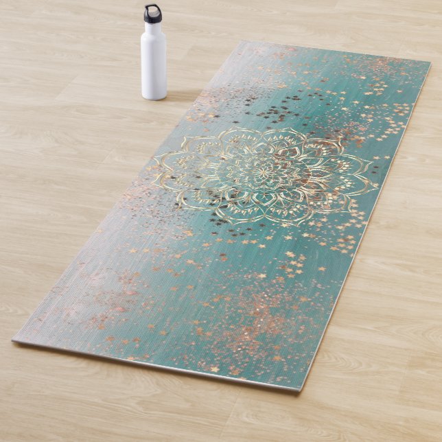 Gold Glittery Stars with Mandala on Teal Yoga Mat (In Situ)