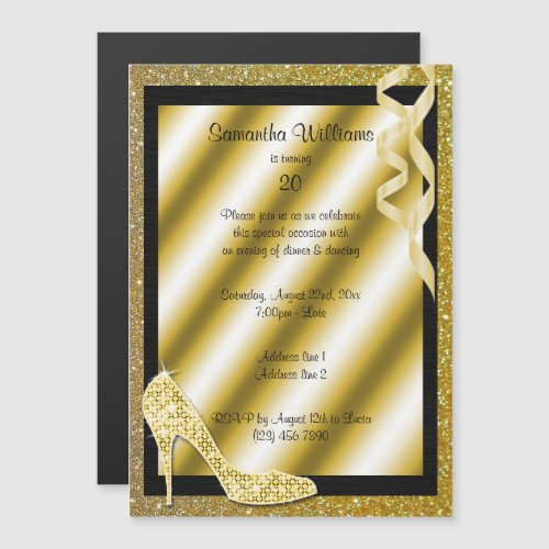 Gold Glittery Stiletto  Streamers 20th Birthday Magnetic Invitation