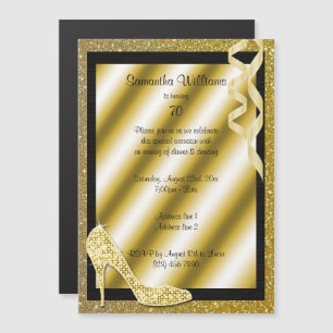 Gold Glittery Stiletto & Streamers 70th Birthday Magnetic Invitation