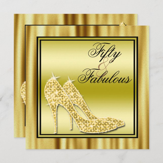 Gold Glittery Stilettos & Music Fabulous 50 Invitation (Front/Back)