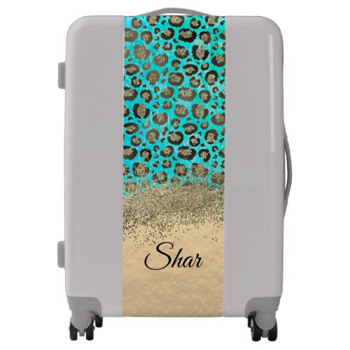 Gold Glittery Turquoise Leopard Personalized     Luggage