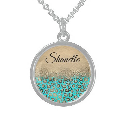  Gold Glittery Turquoise Leopard Personalized  Sterling Silver Necklace