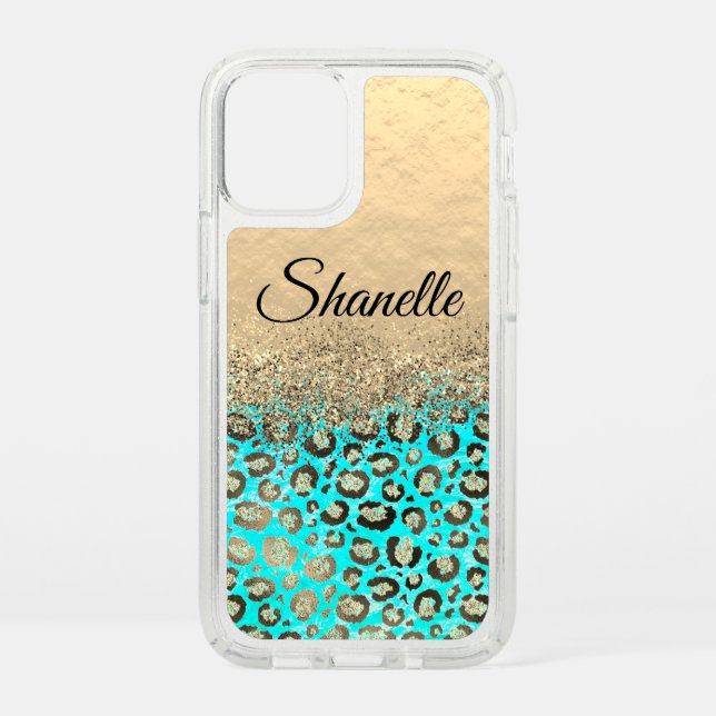 Gold Glittery Turquoise Leopard Speck iPhone 12 Mini Case (Front)