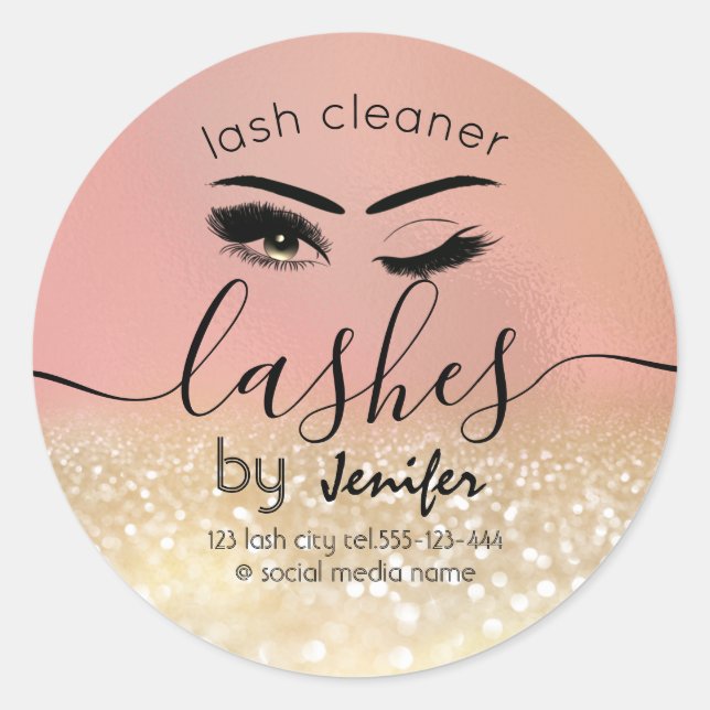 Gold glittery wink lash extension lash cleaner classic round sticker (Front)