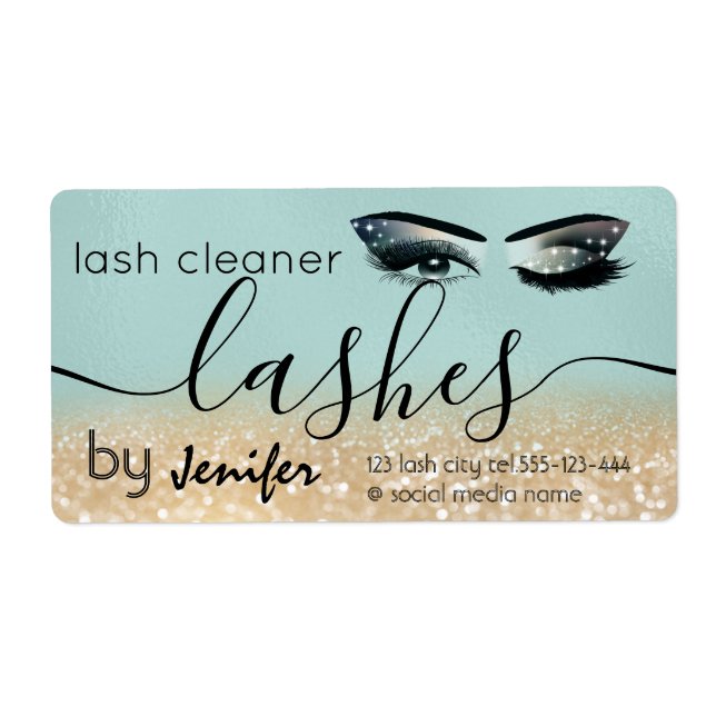 Gold glittery wink lash extension lash cleaner label (Front)