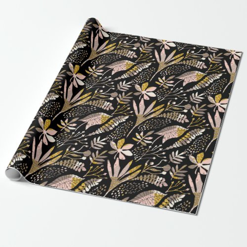 Gold Glittr Elegant Black Pink Floral Botanical Wrapping Paper