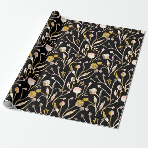 Gold Glittr Elegant Black Pink Floral Botanical Wrapping Paper