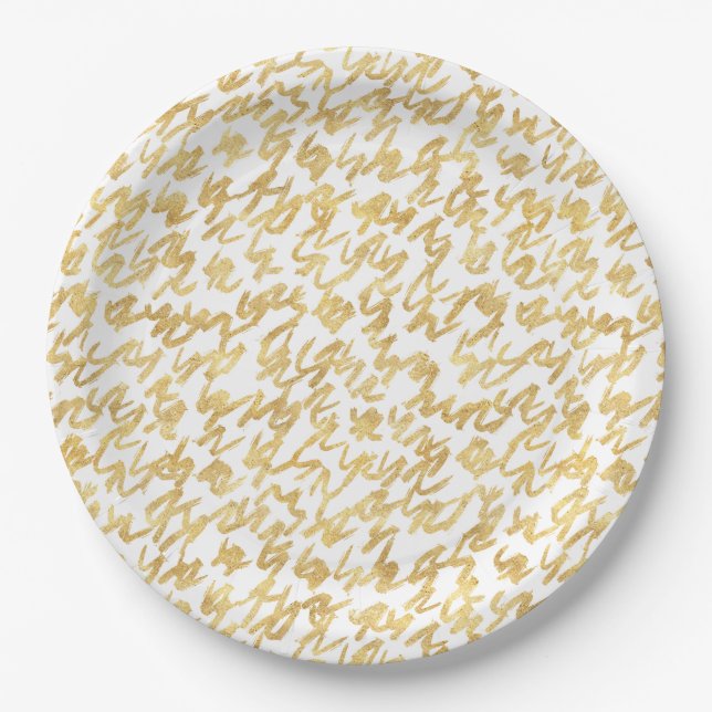 Gold Glitz Abstract Squiggles Birthday Paper Plates (Front)