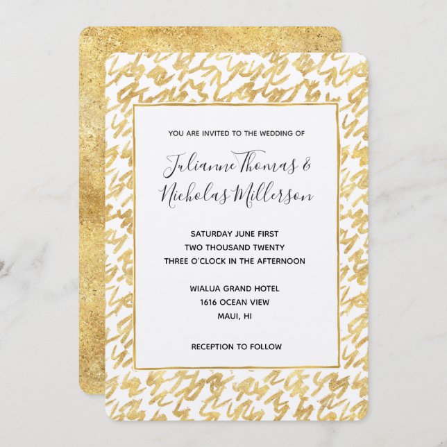 Gold Glitz Abstract Squiggles Wedding Invites (Front/Back)