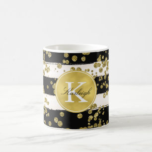 Gold Glitz Confetti Dots Black Stripes Monogram Coffee Mug