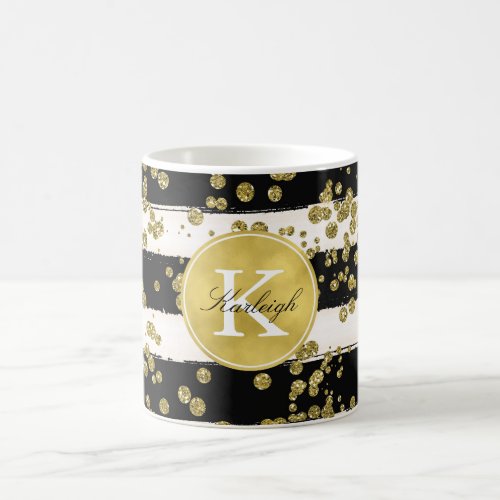 Gold Glitz Confetti Dots Black Stripes Monogram Coffee Mug