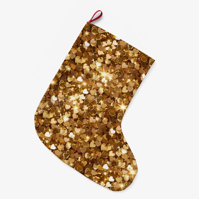 Gold Glitz Glam Sparkle Hearts Large Christmas Stocking (Front (Hanging))
